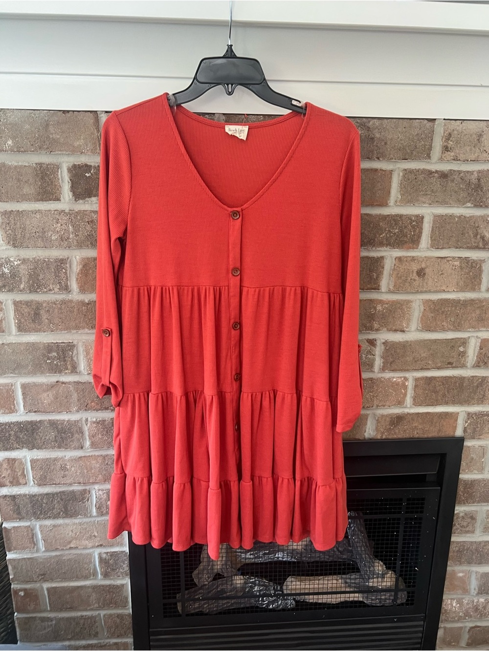 Peach Love California Red Tiered Button-Front Long Sleeve Dress